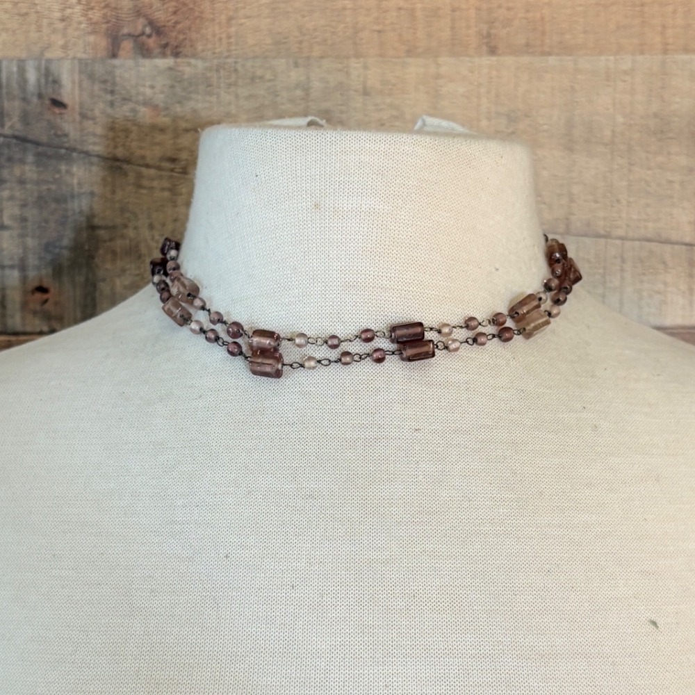 Purple Mauve Glass Bead Double Strand Choker Necklace Gunmetal Chain